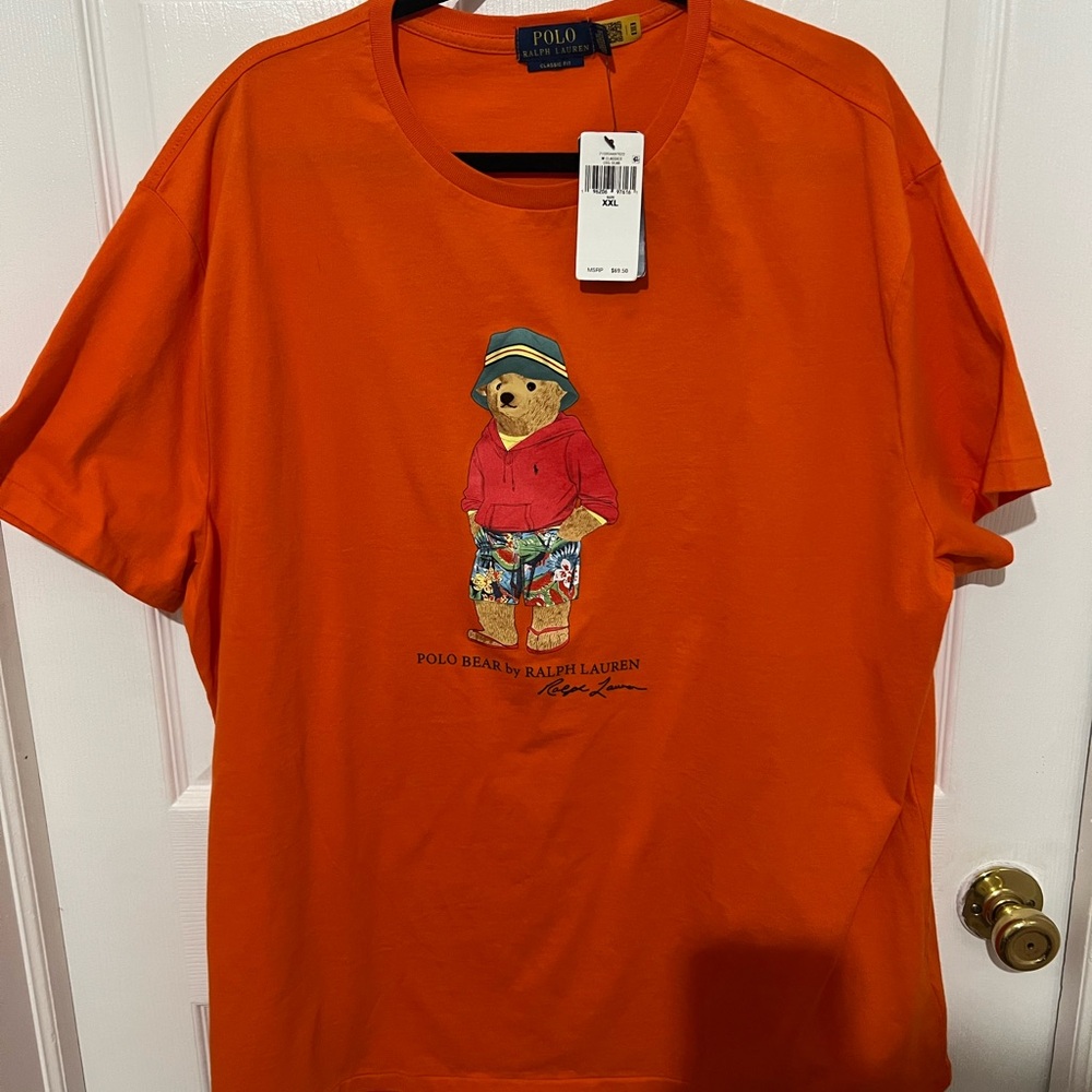 Polo by Ralph Lauren Orange Bucket Hat Summer Beach Bear T-Shirt XXL